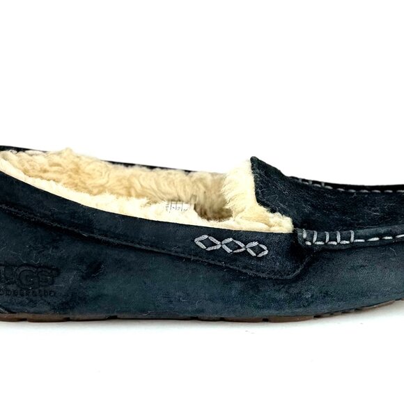 UGG Australia Black Suede Shearling-Lined Moccasin Slippers Women’s 10 - Picture 1 of 9